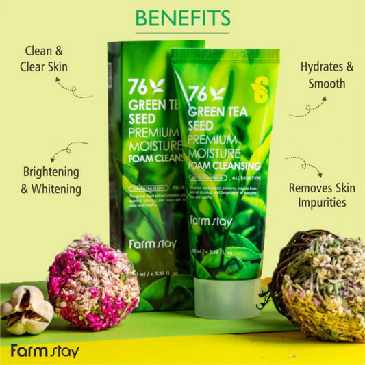 Farmstay 76 Green Tea Seed Premium Moisture Foam Cleansing - Miessential