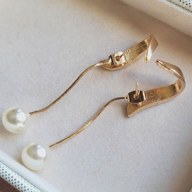 Faux Pearl Long Chain Design Dangle Earrings - Miessential