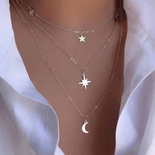 Vintage Moon & Star Shape Pendant Necklace Multilayer Chain - Miessential