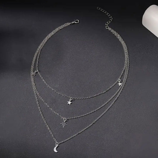 Vintage Moon & Star Shape Pendant Necklace Multilayer Chain - Miessential